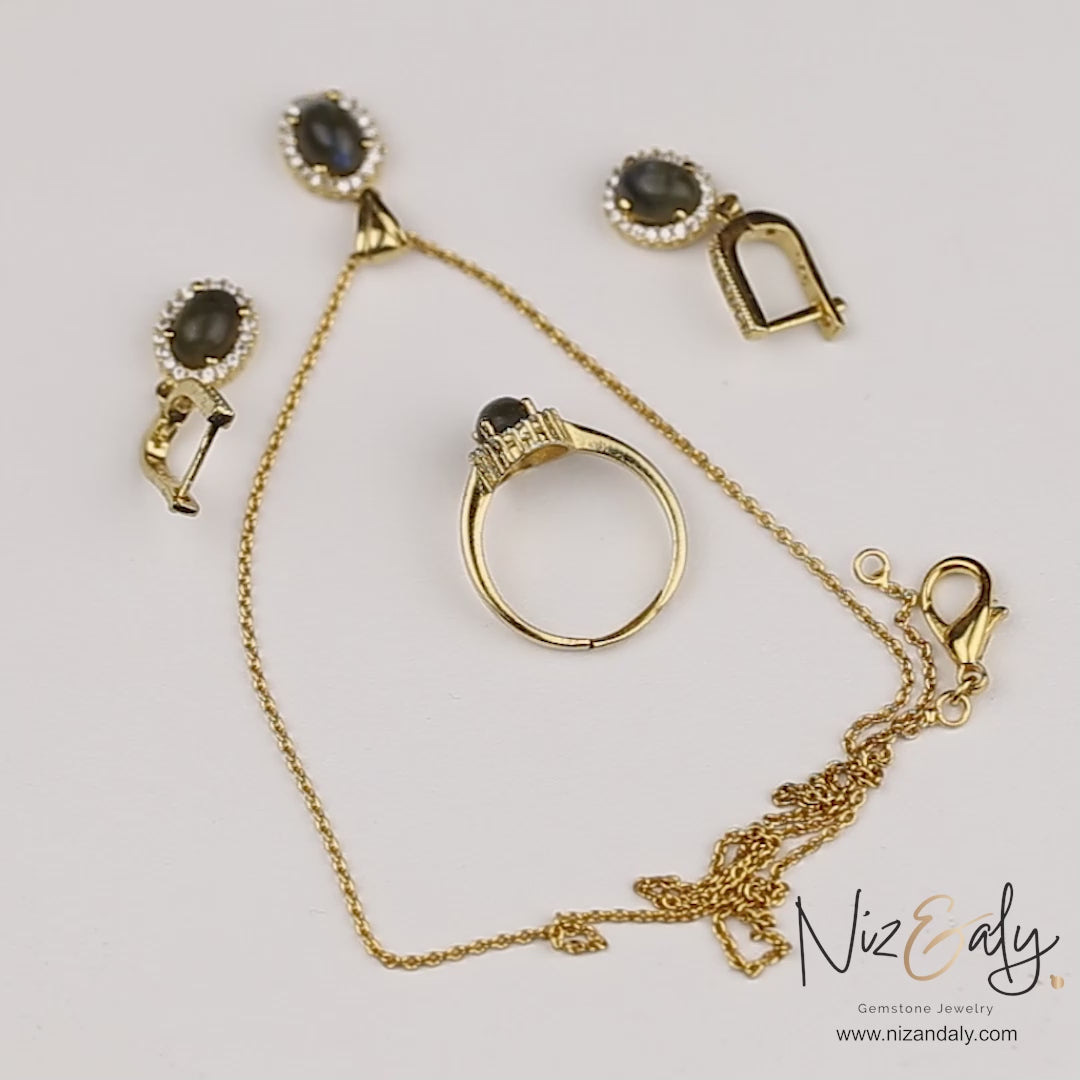 Oval Dainty  Fire Labradorite Pendant Set Gold plated on 925 Silver