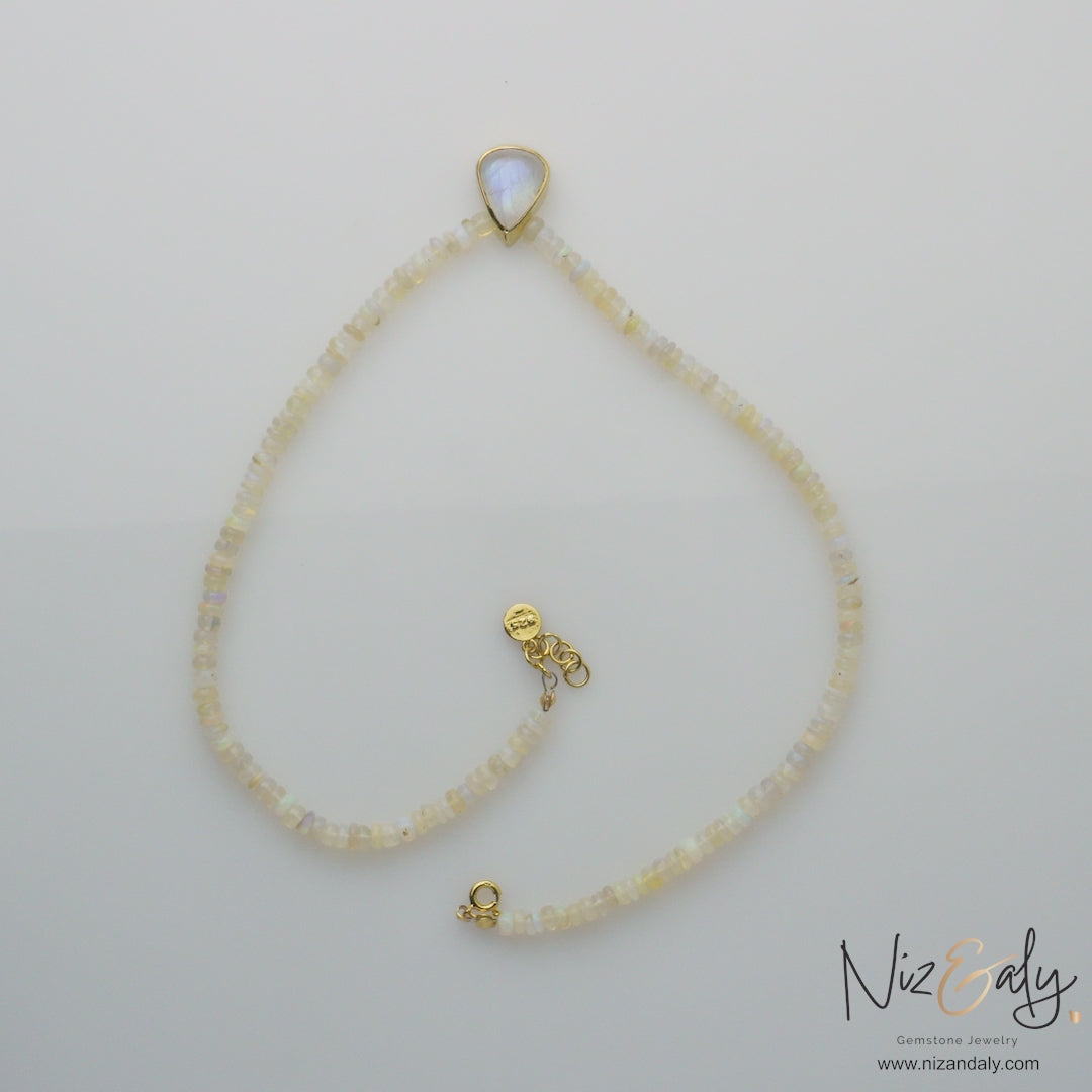 Celestial Whisper- Rainbow Moonstone and Fire Opal Necklace