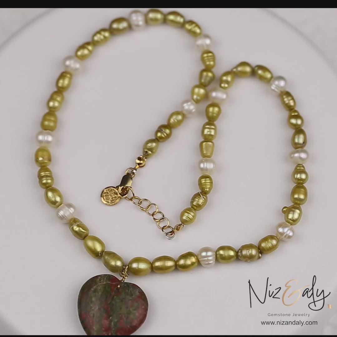 Cultured Colored Pearl Necklace with Unakite Jasper Pendant