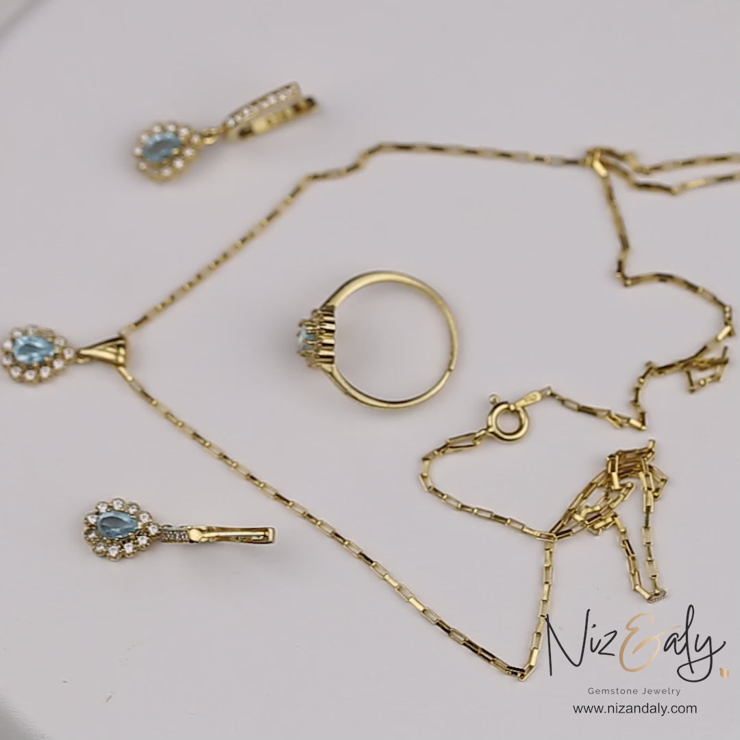 Dainty Gold Plated Natural Blue Topaz Pear drop Full Se