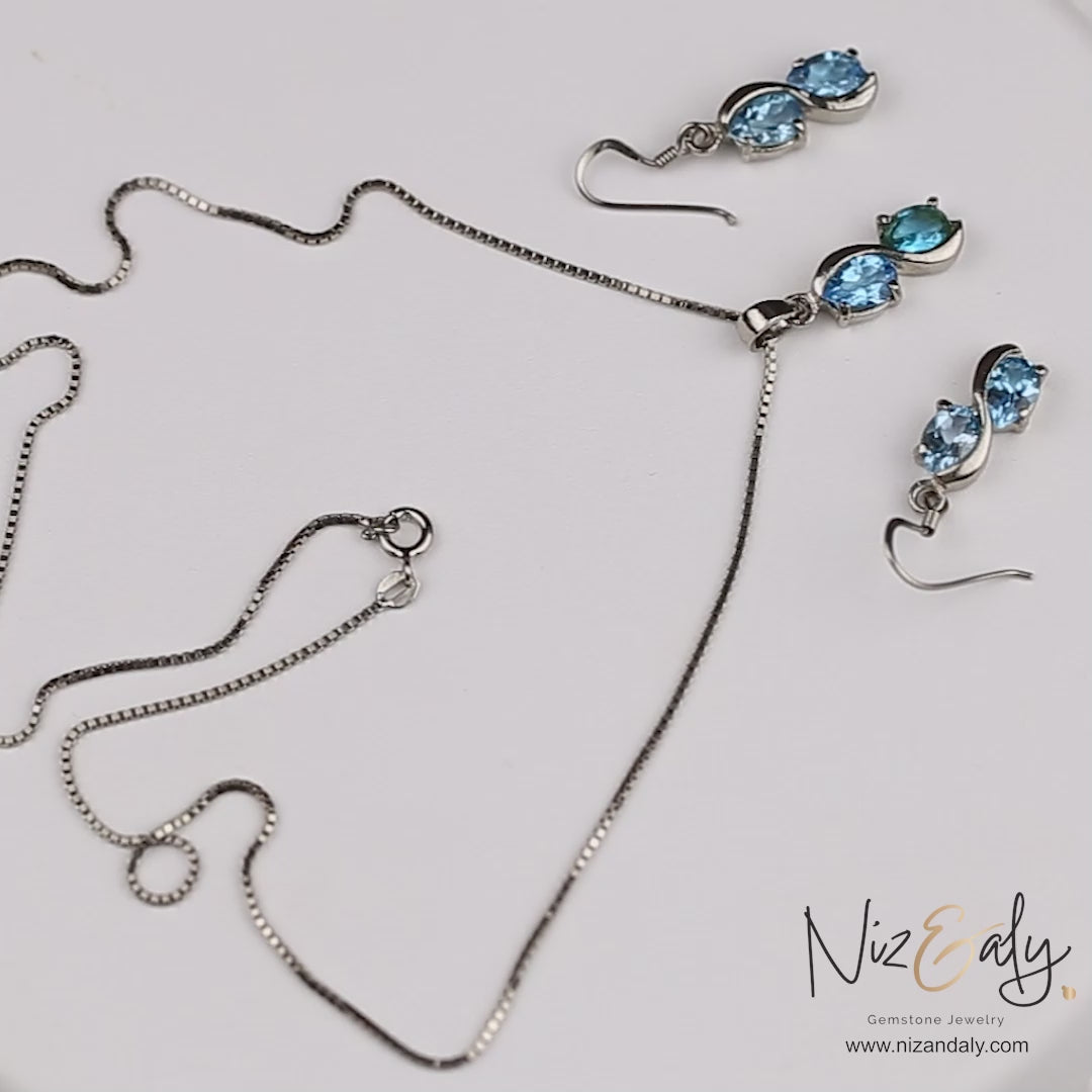 Sea Blue Double Topaz Drop Pendant Set
